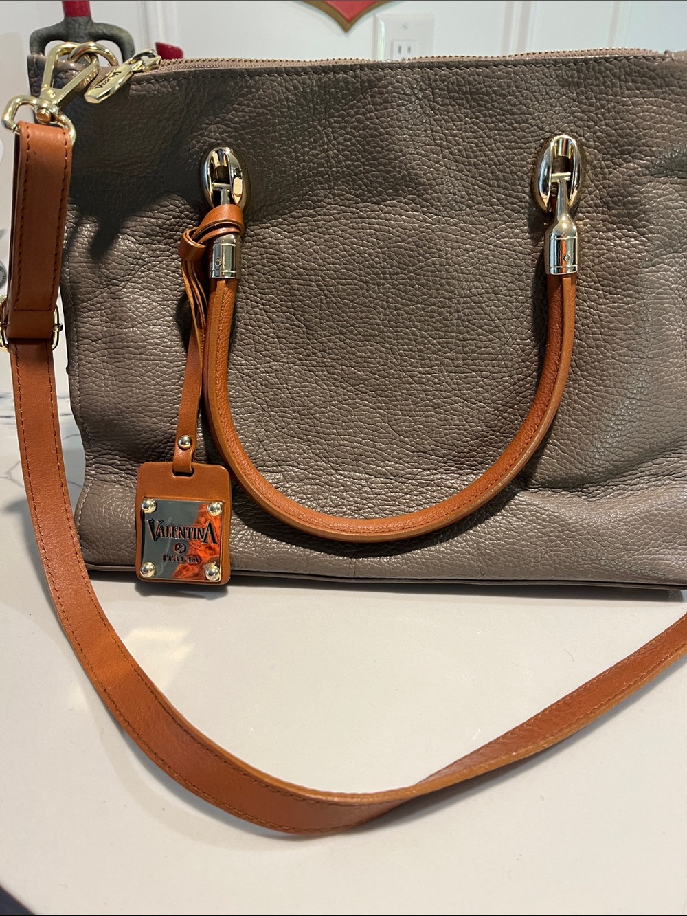 Valentina Taupe Leather Shoulder Bag with Tan Accents